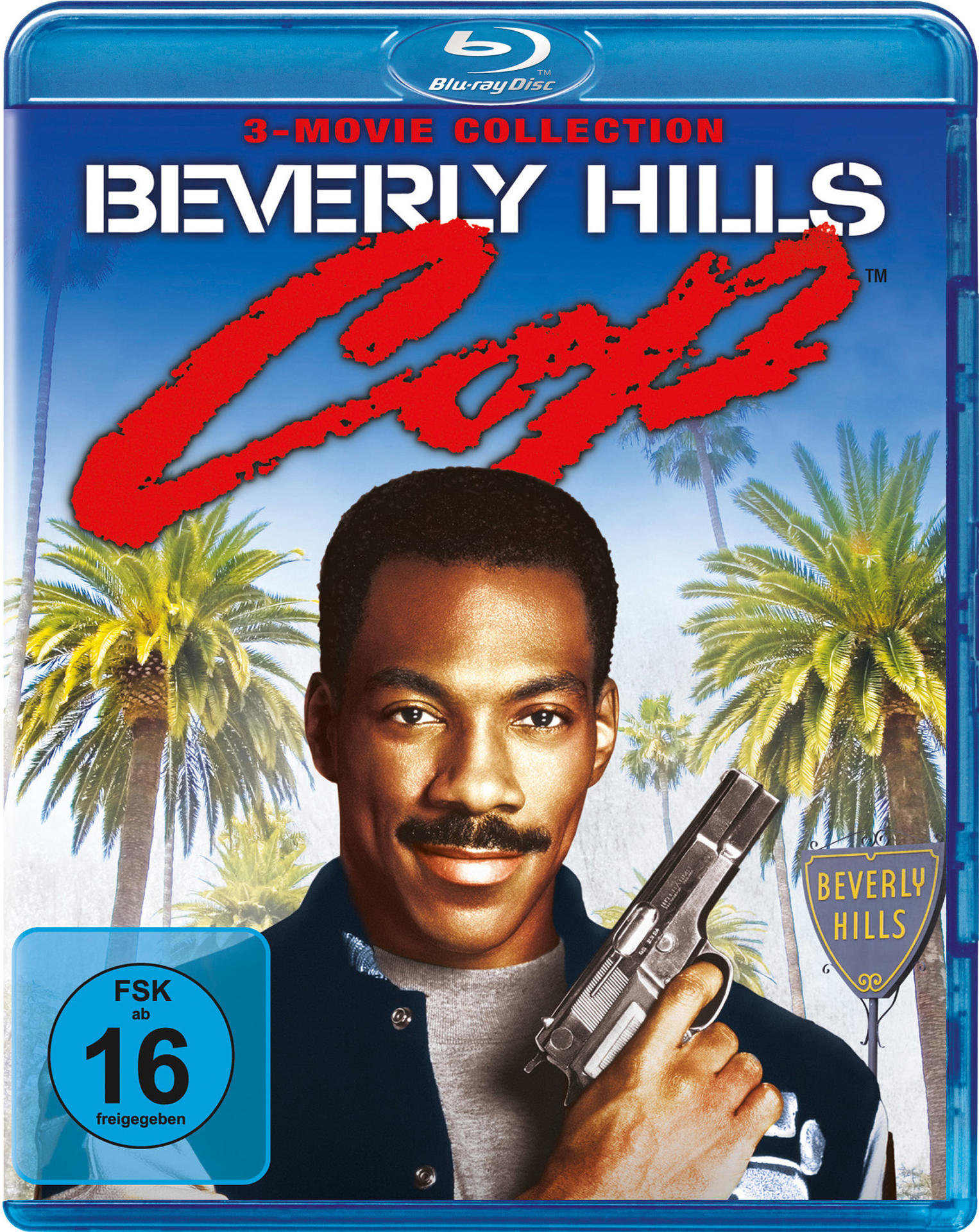 Filmcover: Eddie Murphy hält eine Waffe, Palmen, betitelt 'Beverly Hills Cop'.