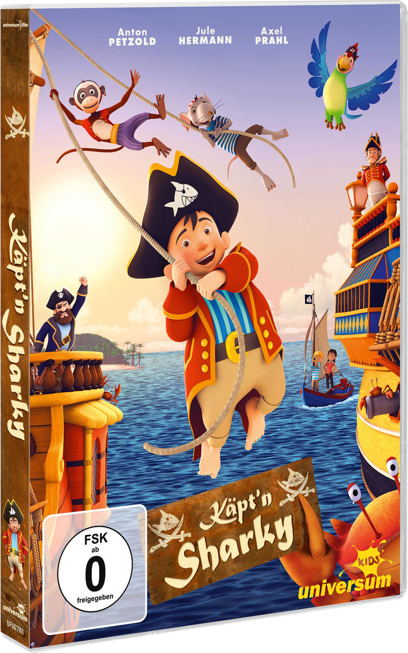 DVD-Cover eines Zeichentrickfilms mit Piraten, einem Affen, einem Papagei und einem Piratenjungen auf einem Schiff.
