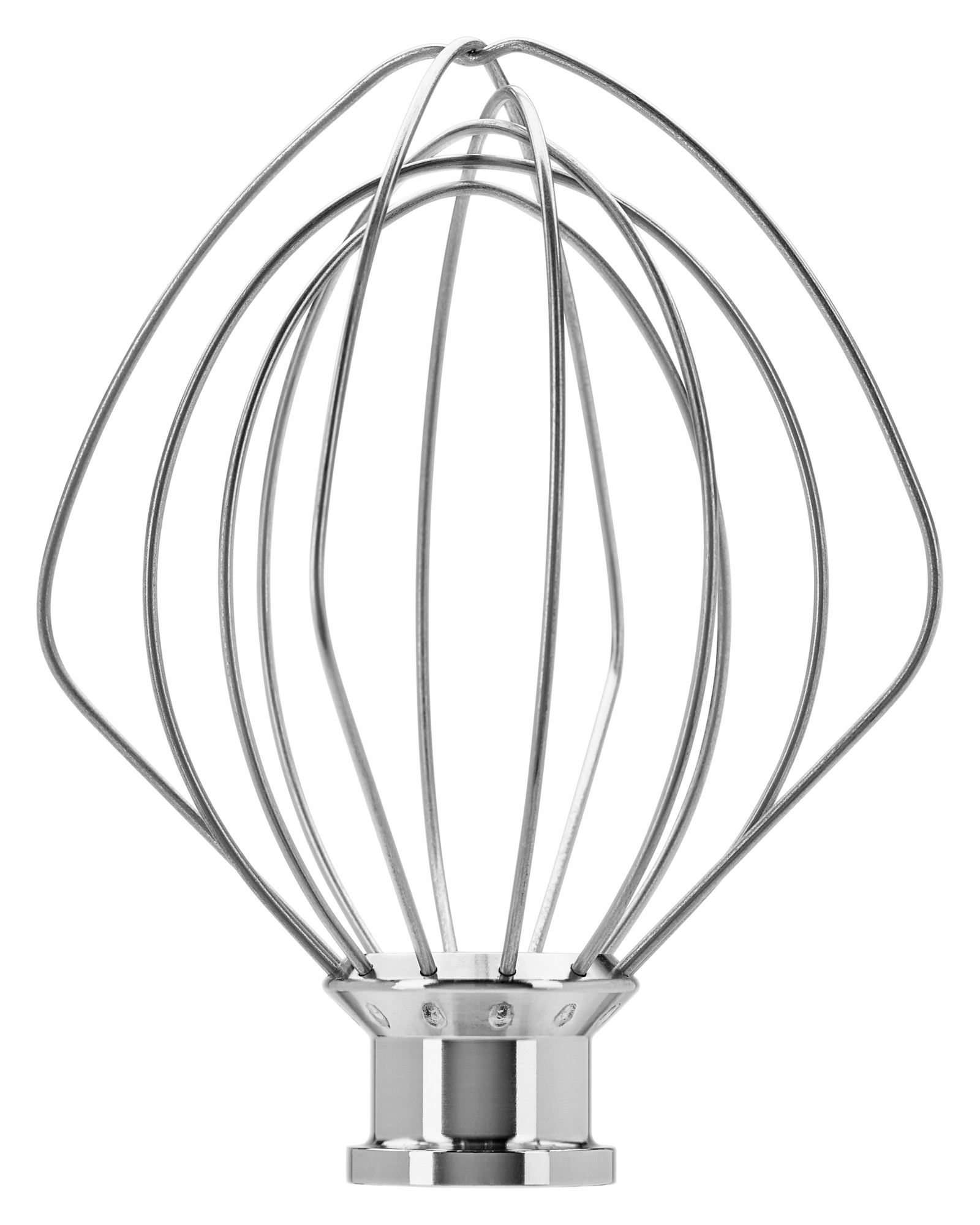Draht-Schneebesen-Aufsatz für einen Mixer, silbernes Metall, Diamantenform und auf Schwarz isoliert.