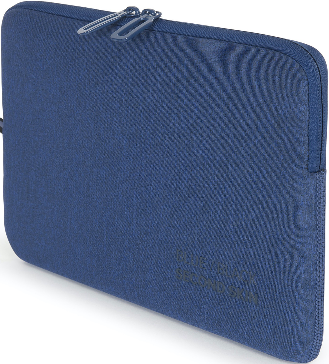 Custodia blu per laptop con cerniera nera. Testo: Blue Black Second Skin.