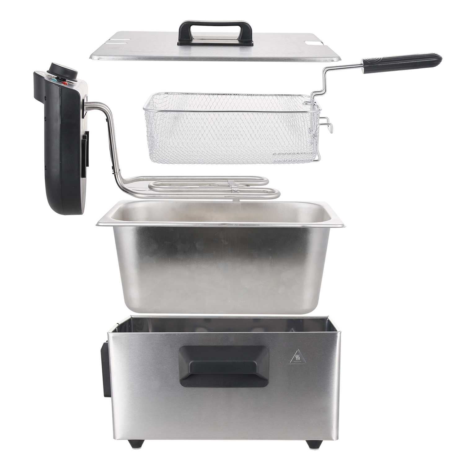 Friteuse démontée. Montre l'élément chauffant, le panier, le récipient et le panneau de commande.