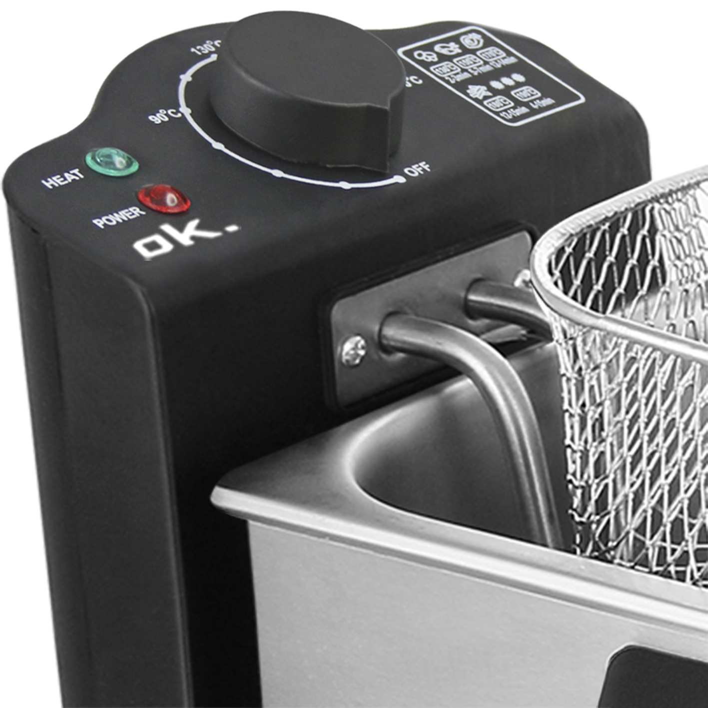 Panneau de contrôle de friteuse noire avec réglages et panier en acier inoxydable.
