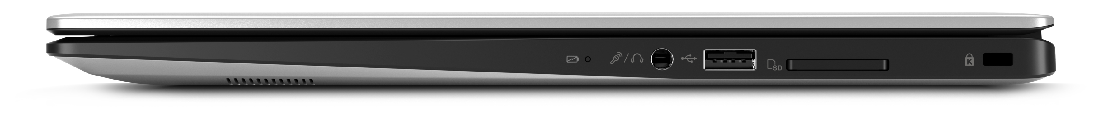 Seitenansicht eines Laptops, mit Anschlüssen und Belüftung. Der Laptop ist silber und schwarz.