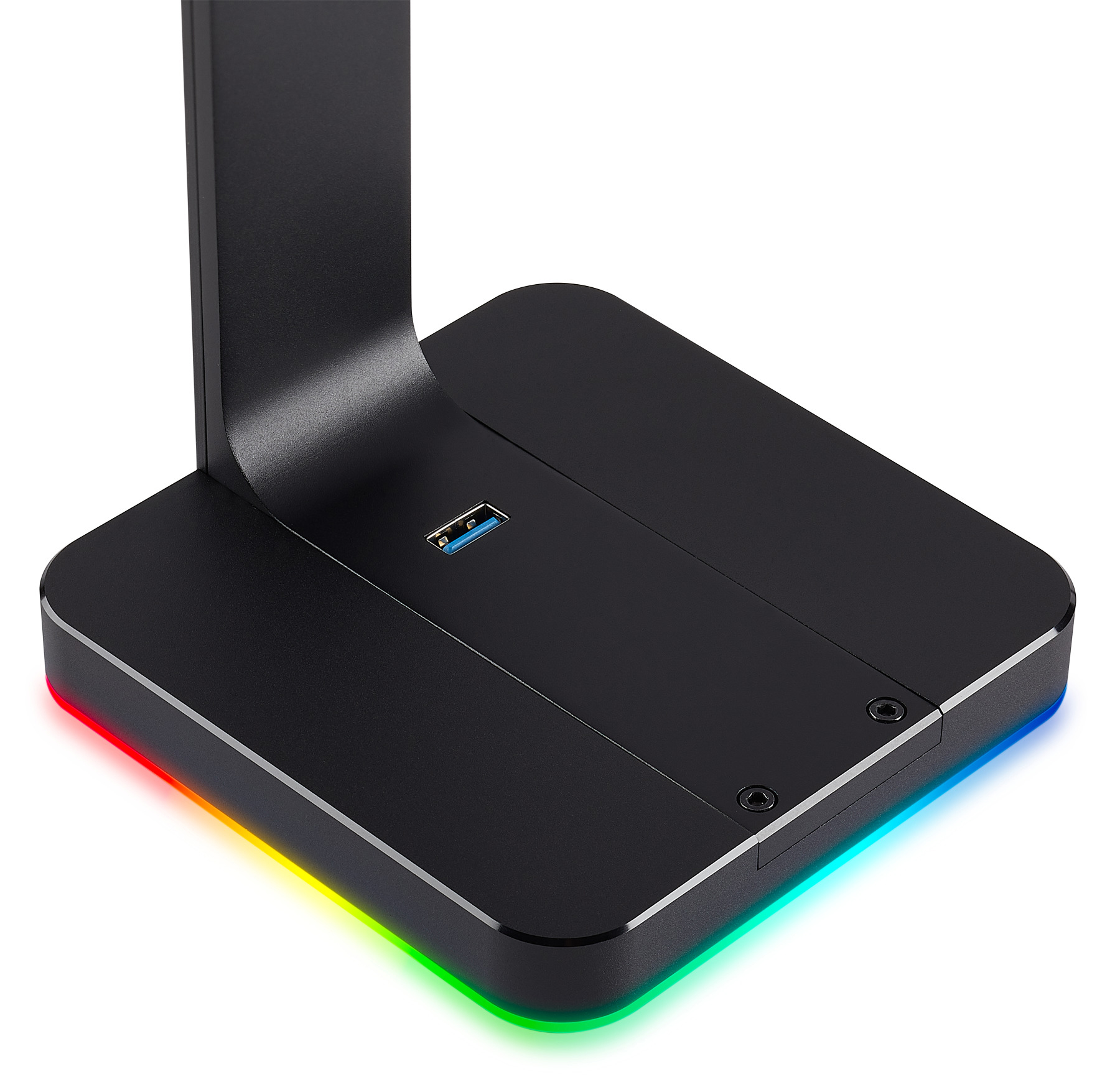Schwarze Basis mit RGB-Lichtern an den Kanten, mit einem USB-Anschluss.