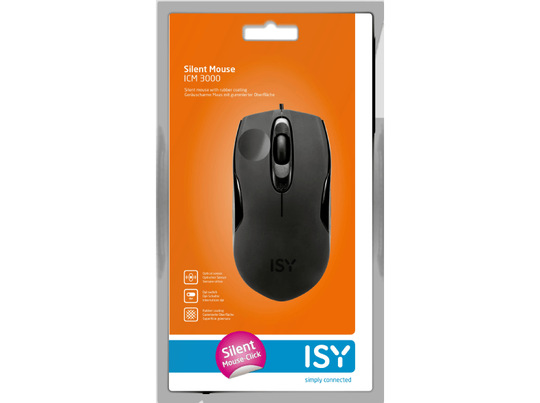 Black computer mouse in package. The package is orange with text and icons. Brand name is ISY.