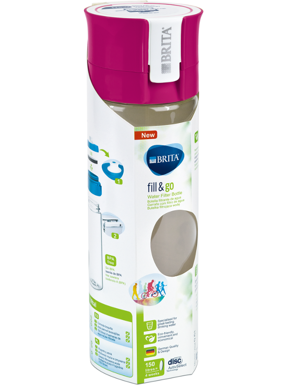Brita fill & go vízszűrő palack csomagolása. A palack rózsaszín kupakkal látható.