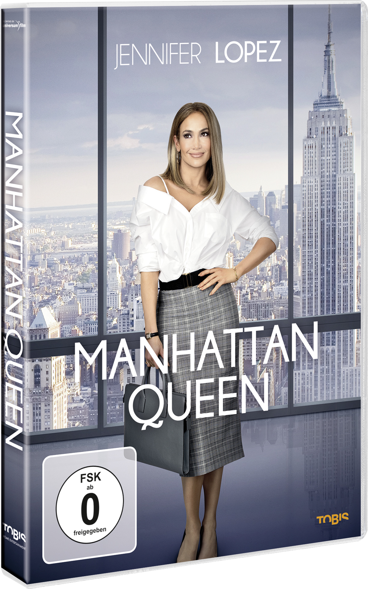 DVD-Cover von 'Manhattan Queen' mit Jennifer Lopez und der Skyline von New York im Hintergrund.