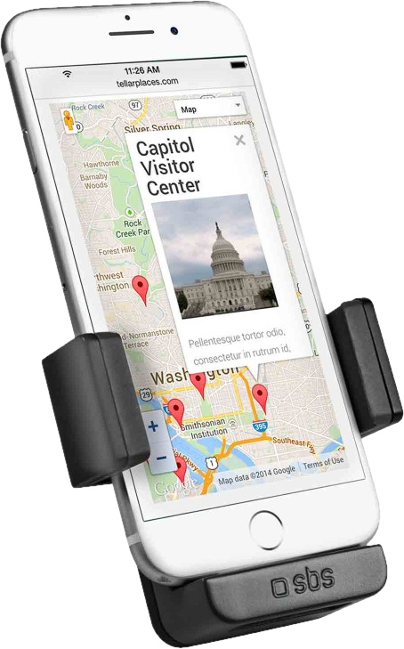 Smartphone in Halterung mit Karte, Capitol Visitor Center hervorgehoben.