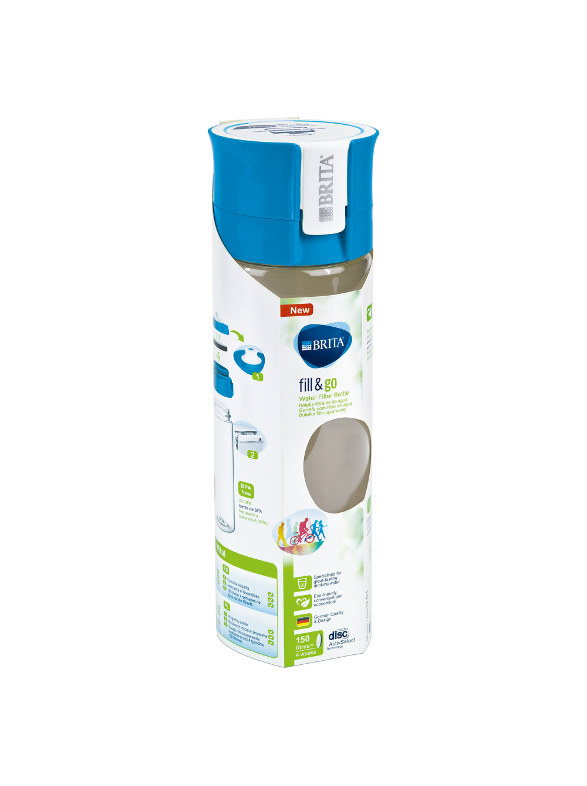 Brita vízszűrő palack, fehér és kék, a címkén található útmutató grafikákkal.