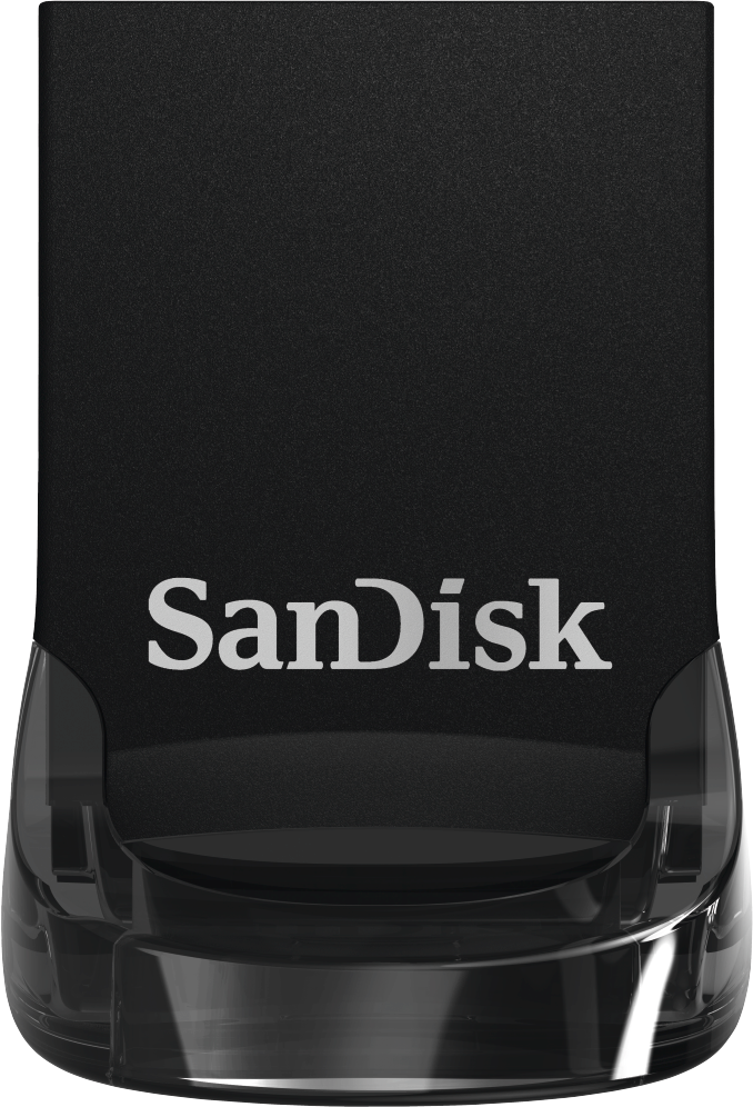 Une clé USB SanDisk noire et transparente, avec le logo SanDisk, sur fond blanc.