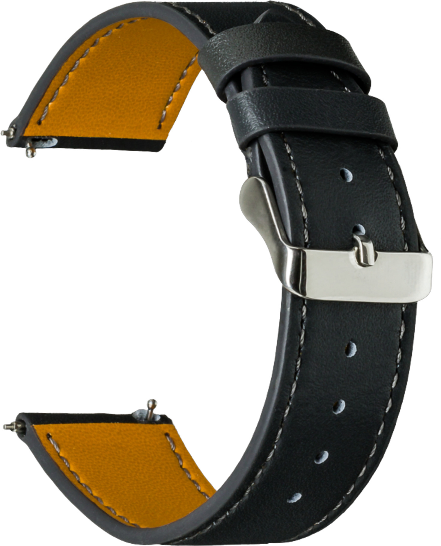 Schwarzes Leder-Uhrenarmband mit weißen Nähten und silberner Schnalle, orangefarben innen.