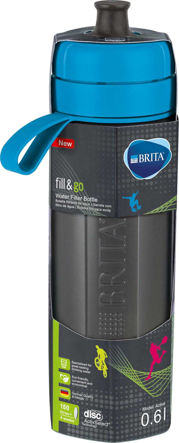 Brita fill & go vizes palack kék kupakkal és termékinformációkkal.