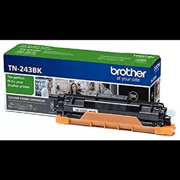 Caja de cartucho de tóner Brother TN-243BK, verde y blanco, con un cartucho de tóner negro dentro.