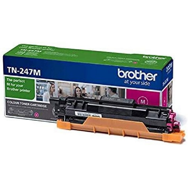 Cartucho de tóner para impresora Brother TN-247M en caja. Cartucho rosa y caja verde.