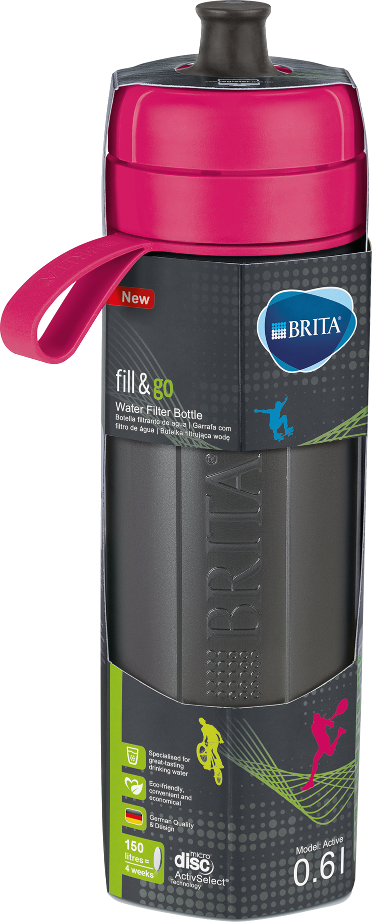 Brita vizes palack csomagolásban. A palack sötétszürke, rózsaszín kupakkal.