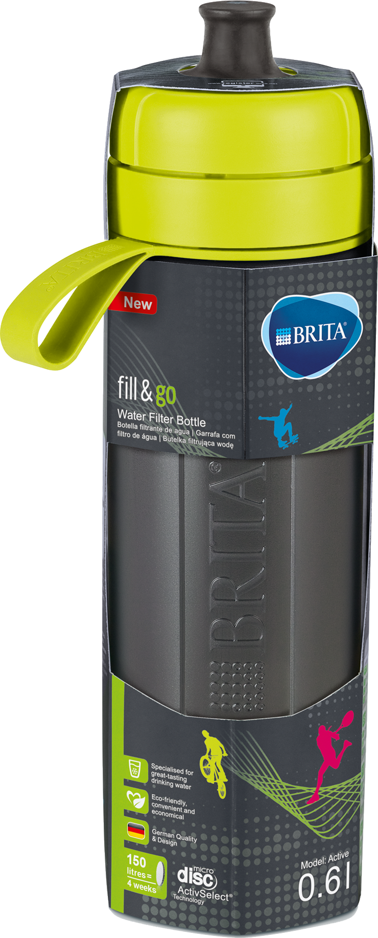 Egy Brita vízszűrő palack zöld kupakkal és csomagolással.