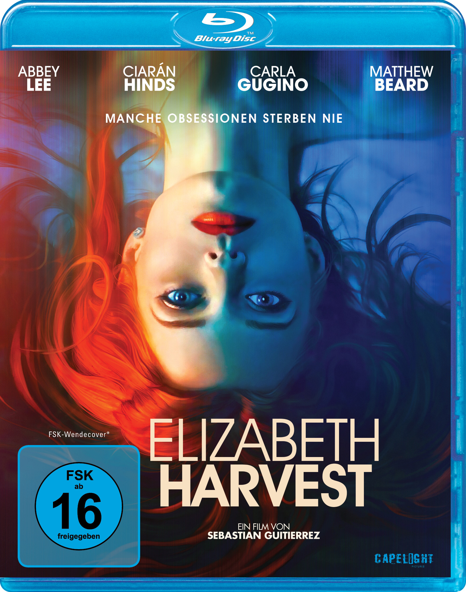 Filmcover. Das Gesicht einer Frau geteilt mit grünem und rotem Licht. Titel 'Elizabeth Harvest'. Blauer Hintergrund.