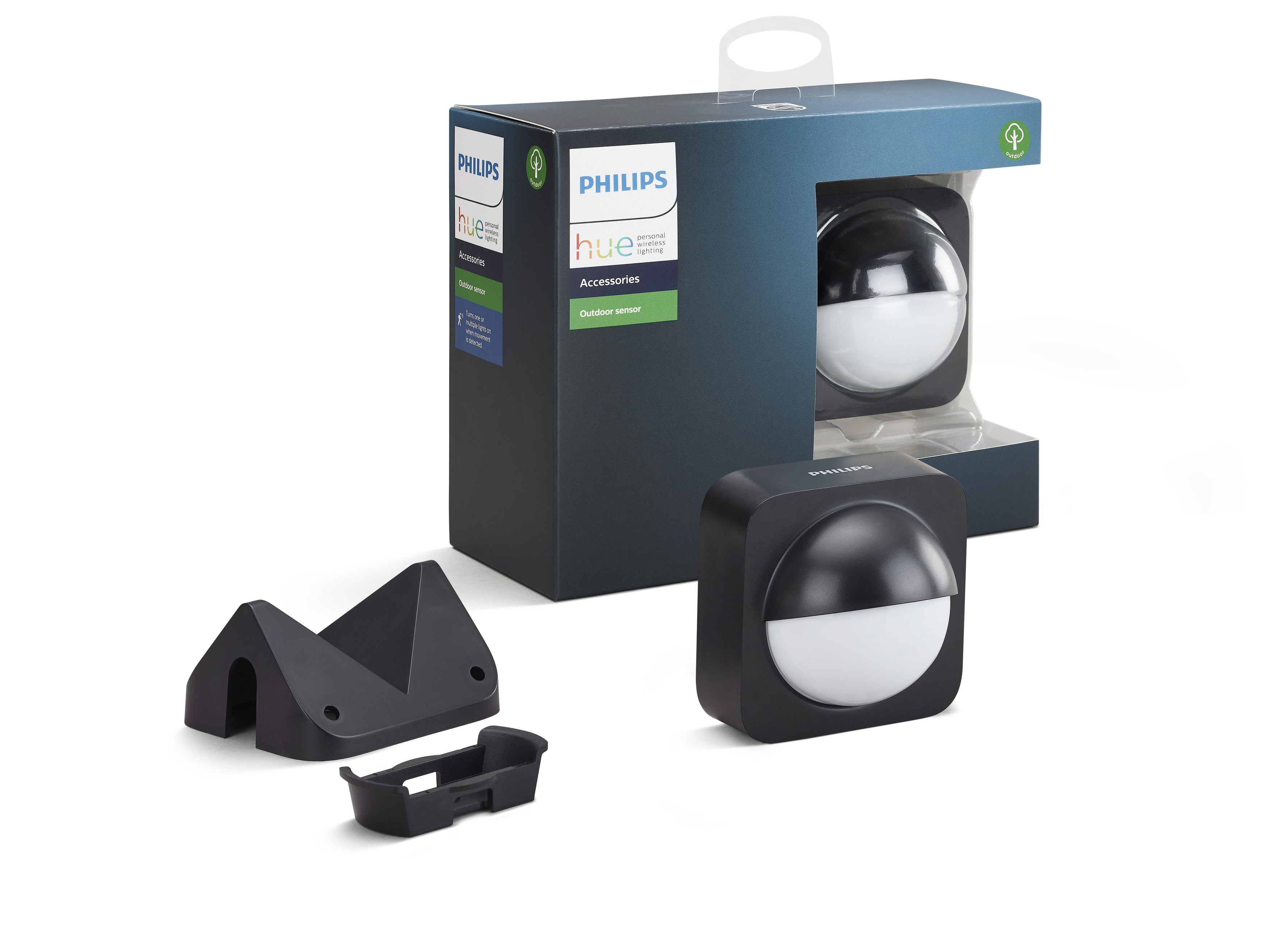 Outdoor-Sensorset in einer Box, mit zwei schwarzen Sensoren und Zubehör.