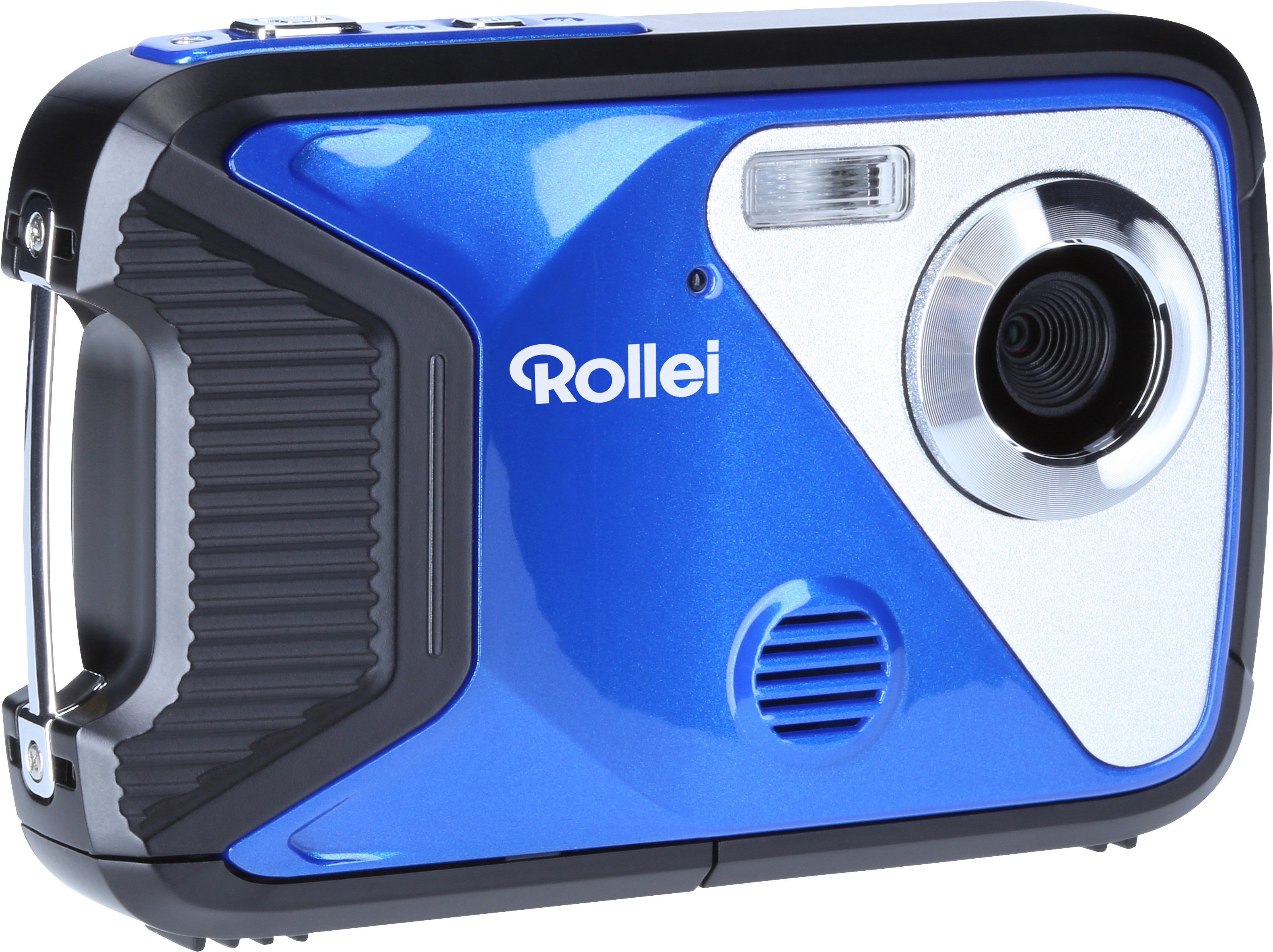 Eine blaue und schwarze Rollei-Kamera mit Objektiv und Blitz. Sie ist nach rechts geneigt.