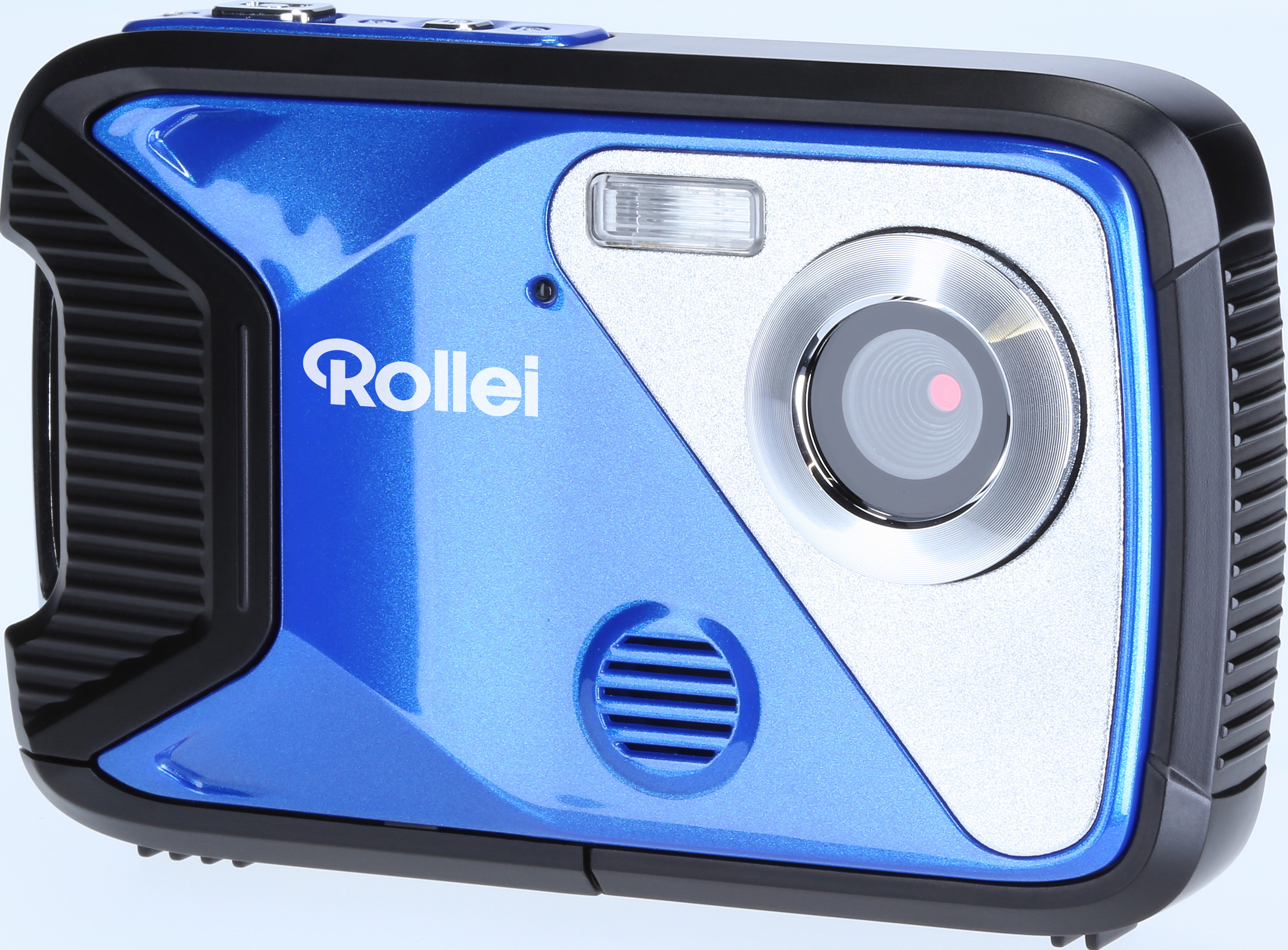 Blaue und schwarze Rollei Action-Kamera. Silbernes Objektiv und Blitz. Rechteckig mit Knöpfen.