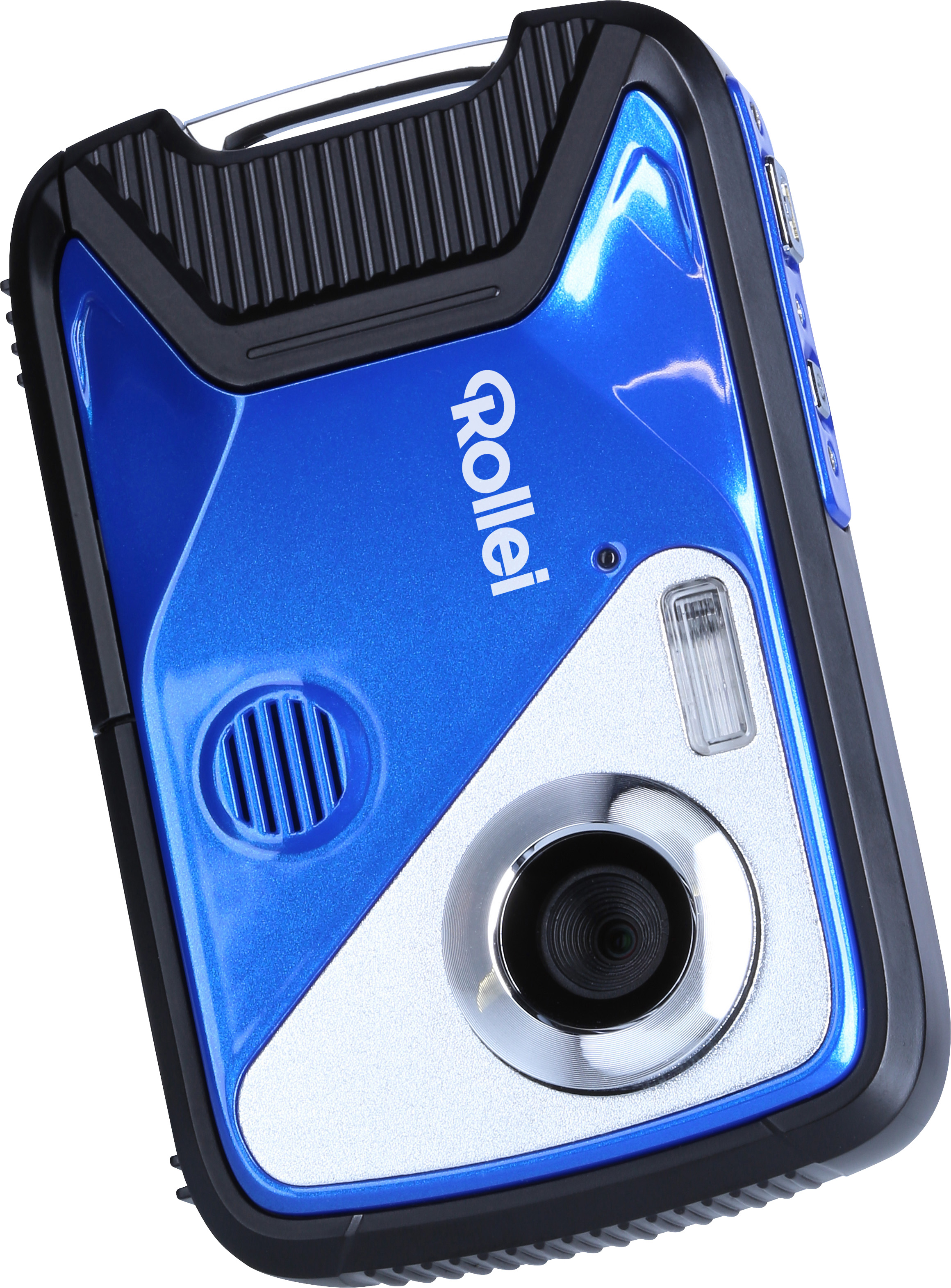 Blaue und schwarze Rollei Kamera. Die Kamera hat ein Objektiv und einen Blitz auf der Vorderseite.