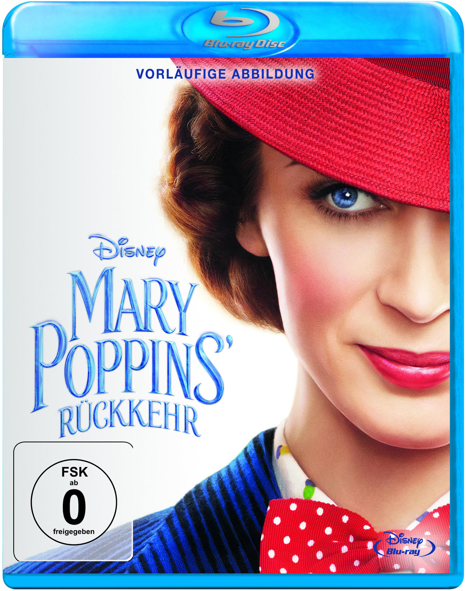 DVD-Cover mit einer Frau mit rotem Hut. Titel: Mary Poppins' Rückkehr. Hintergrund: blau. Enthält das Disney-Logo.