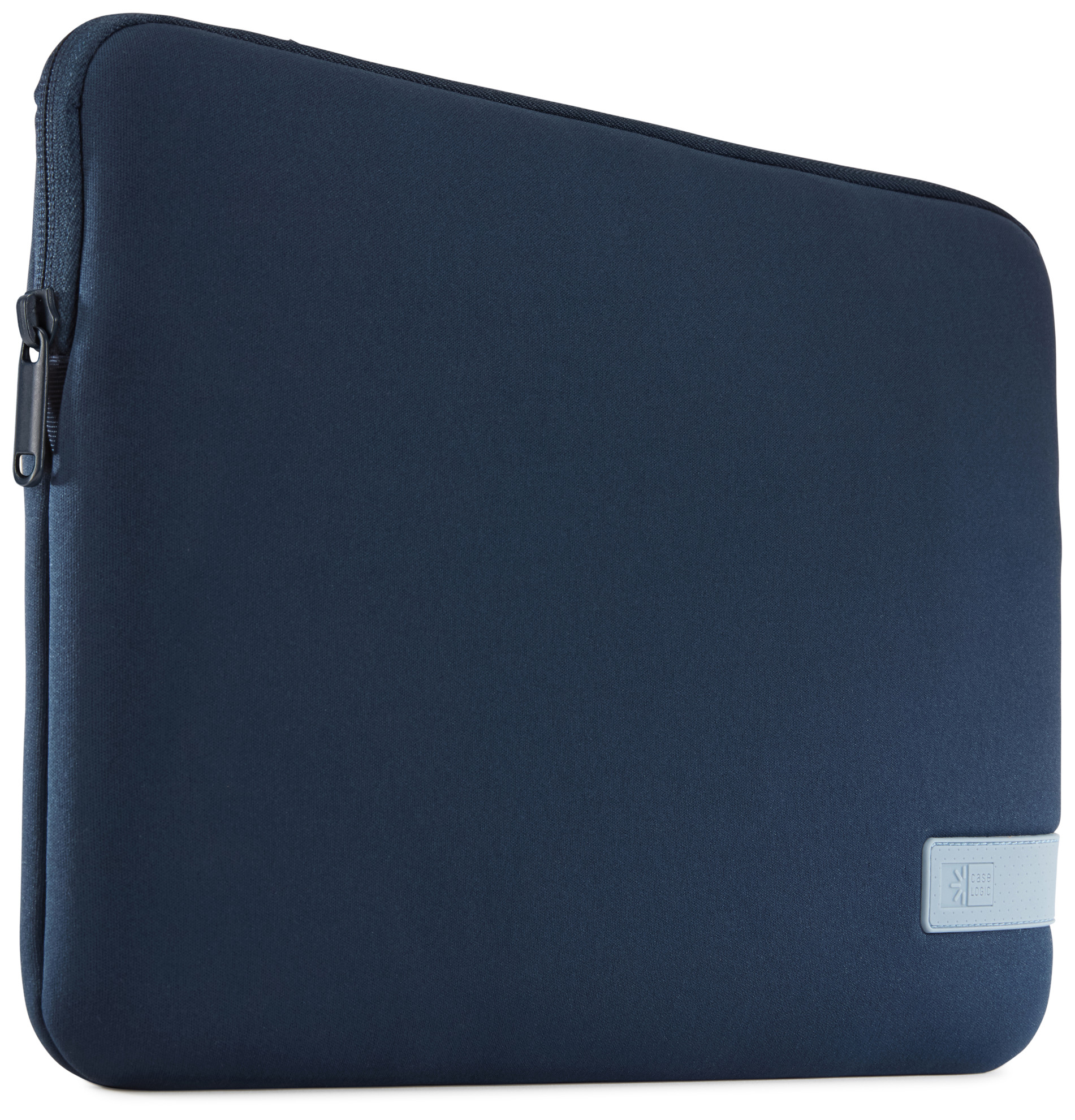 A navy blue laptop sleeve with a zipper and a gray label. The sleeve is slightly angled on a white surface.