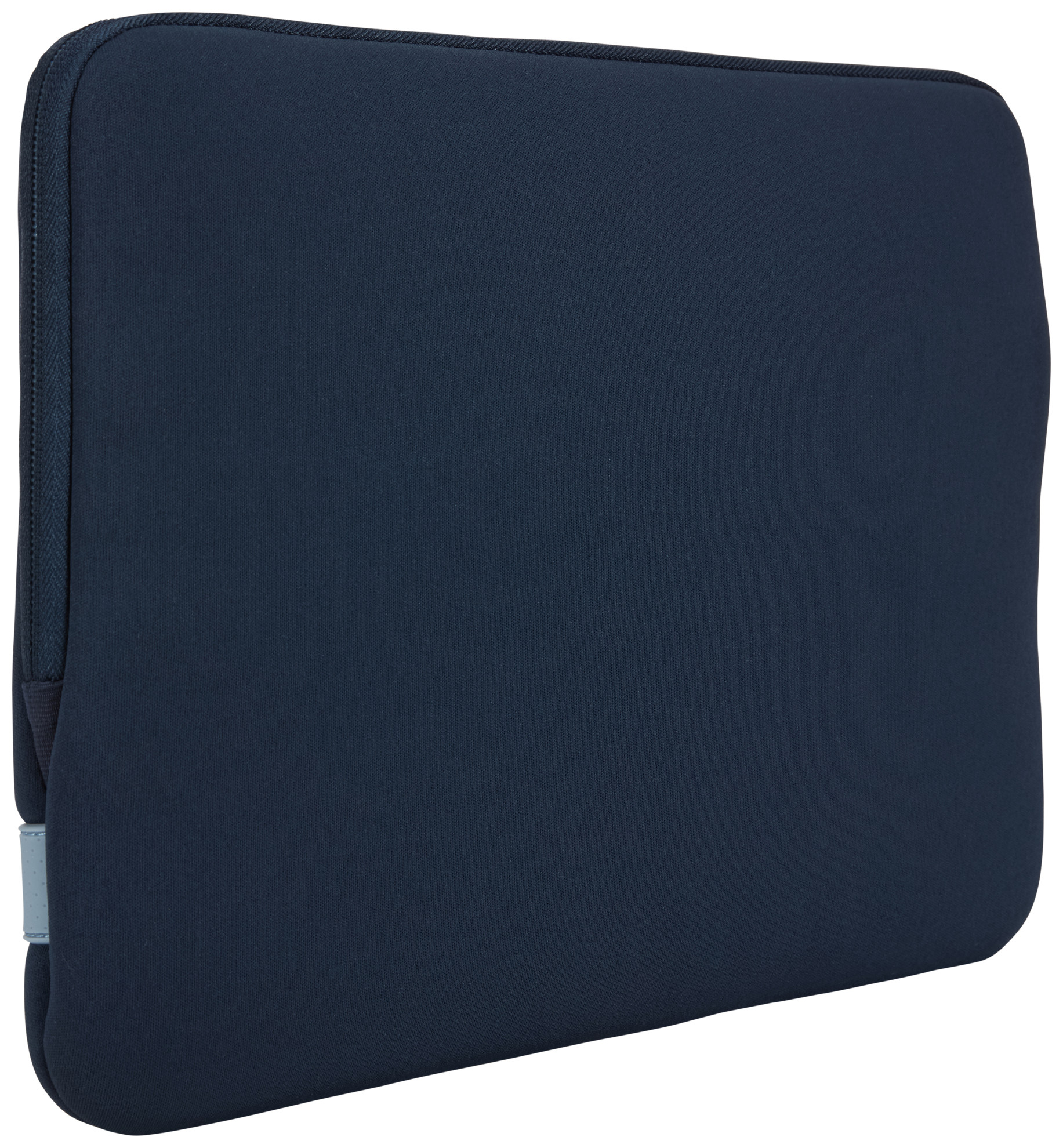 A navy blue laptop sleeve. It is closed and viewed from the side.