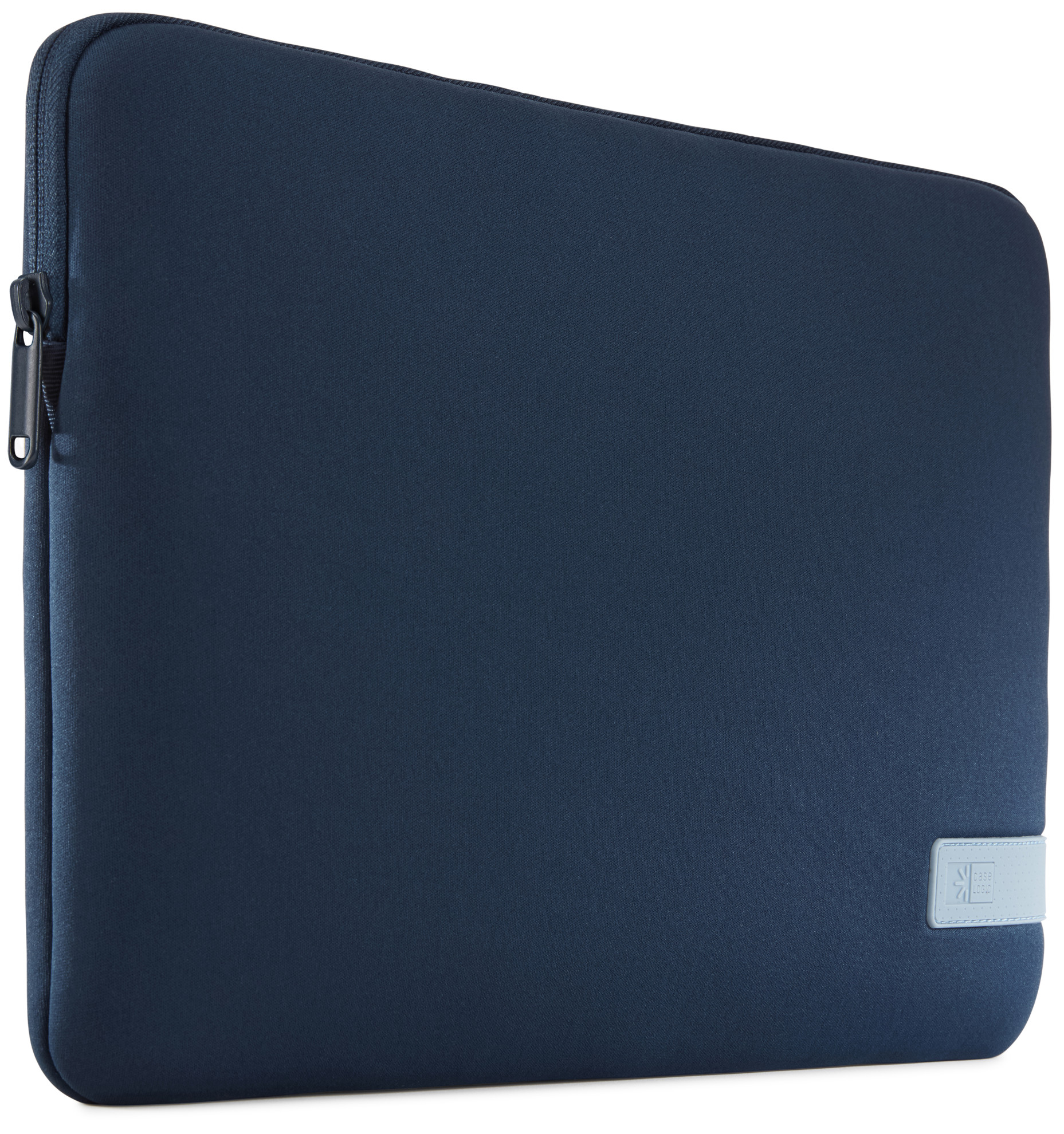 A navy blue laptop sleeve with a zipper and a small gray logo tag.