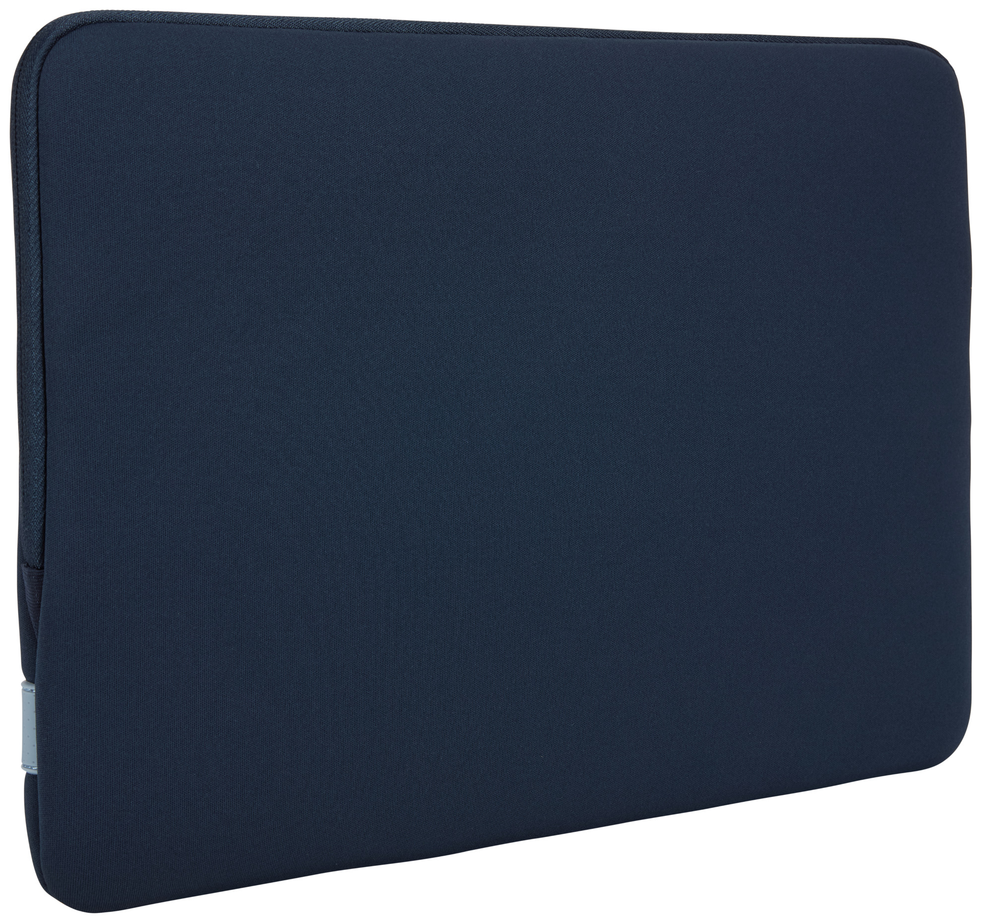 Navy blue laptop sleeve, rectangular shape, and a light blue tag.