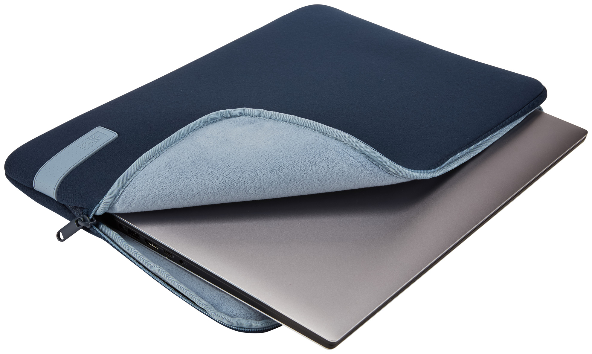 Laptop inside a blue laptop sleeve with a zipper.