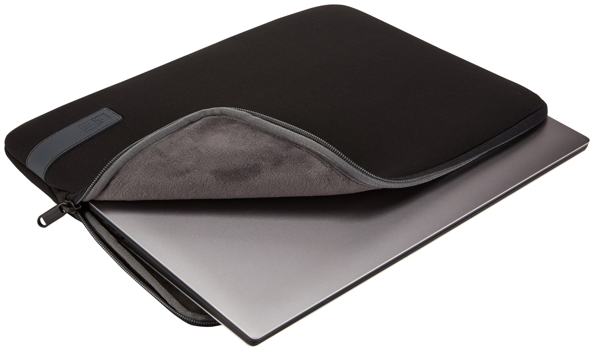 A black laptop case, partially open, showing a laptop.