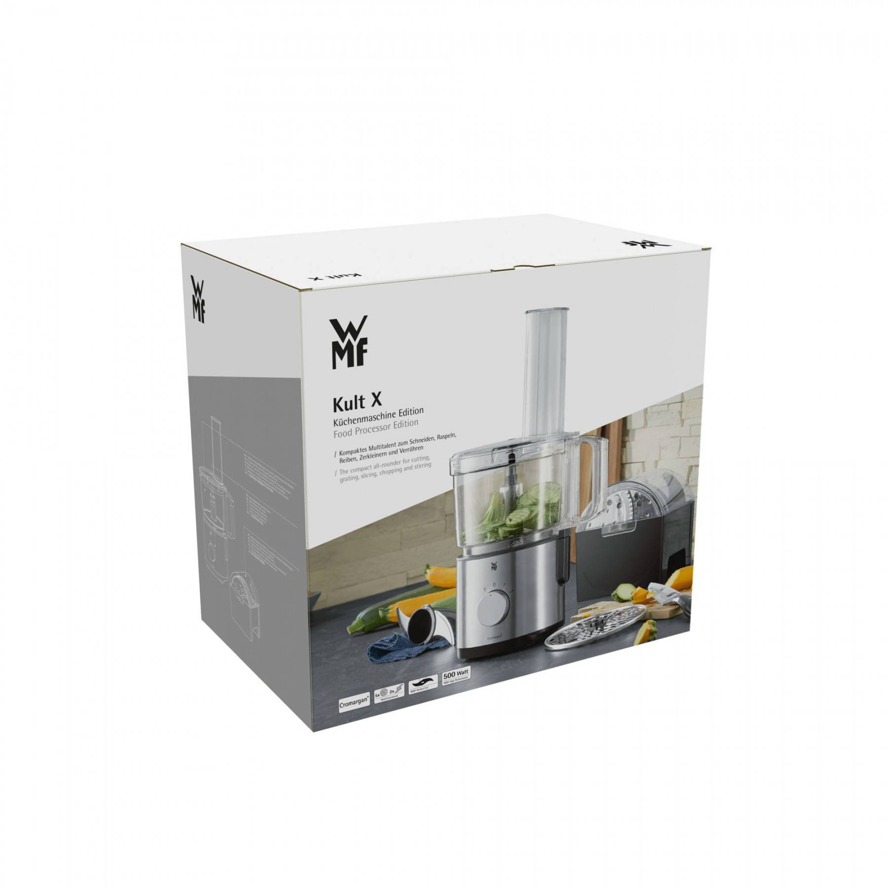 Küchenroboter-Küchenmaschine in einer Box mit Text und Bildern.