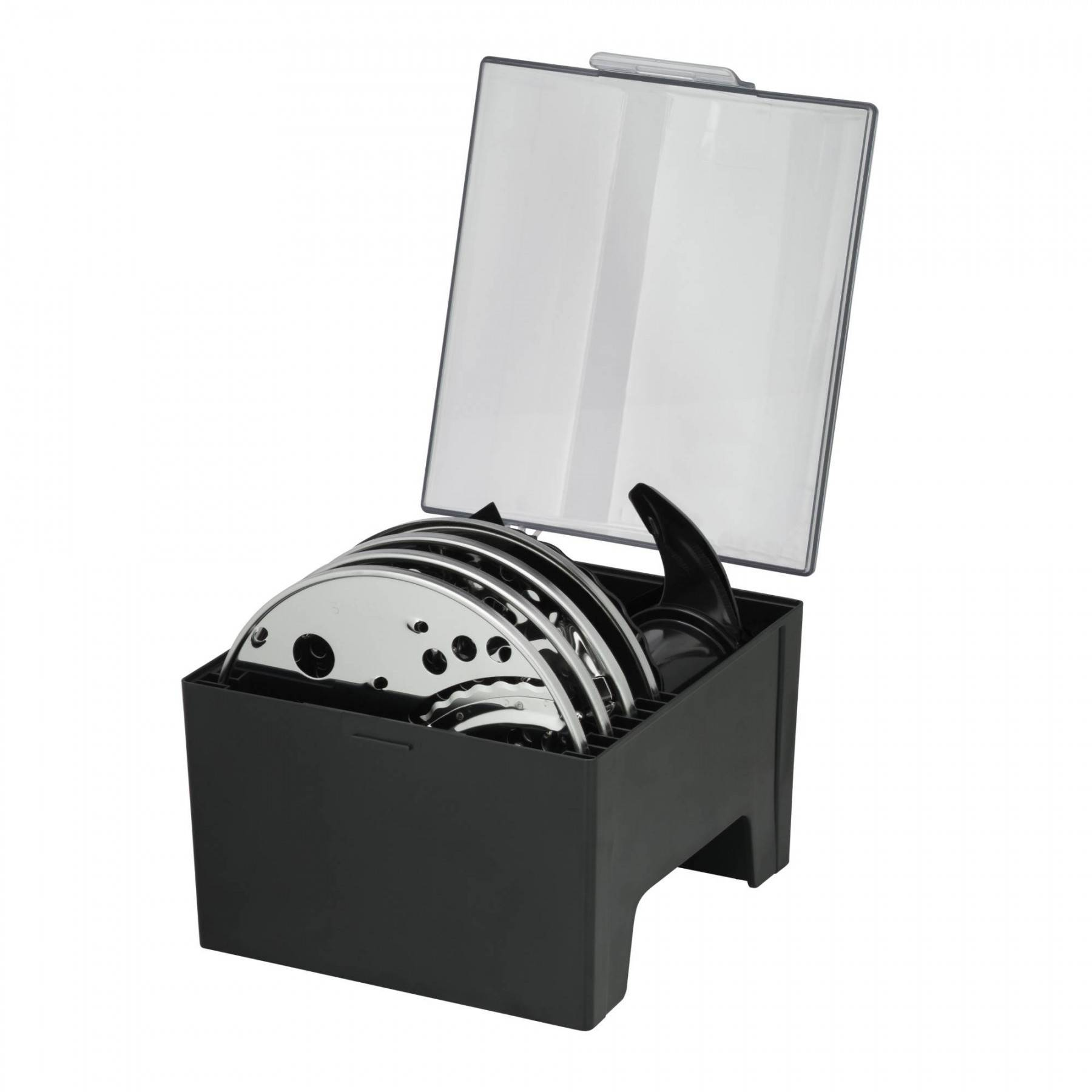 Schwarze Box mit mehreren Metallklingen darin. Der Deckel ist transparent.