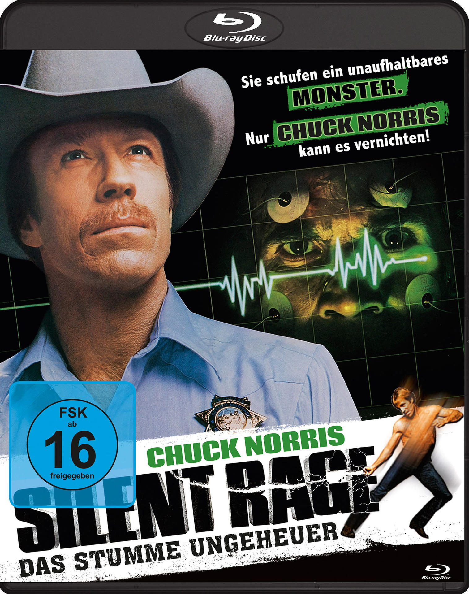 Filmposter von Chuck Norris mit Cowboyhut, Titel 'Silent Rage'.