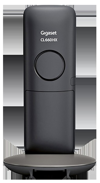 Ein schwarzes schnurloses Gigaset CL660HX-Telefon auf seiner Ladestation.