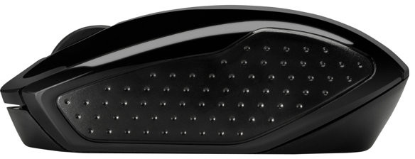A black computer mouse with textured sides and a scroll wheel, isolated.