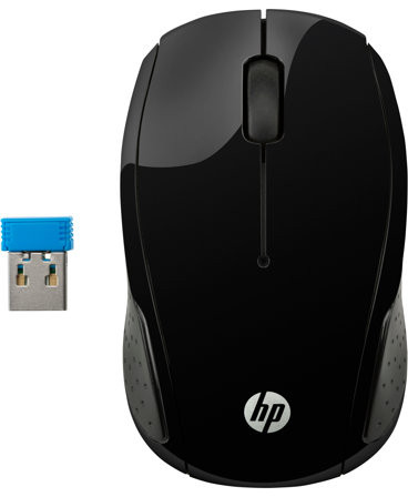A black wireless mouse with a USB receiver. The mouse has a glossy top surface and a logo.