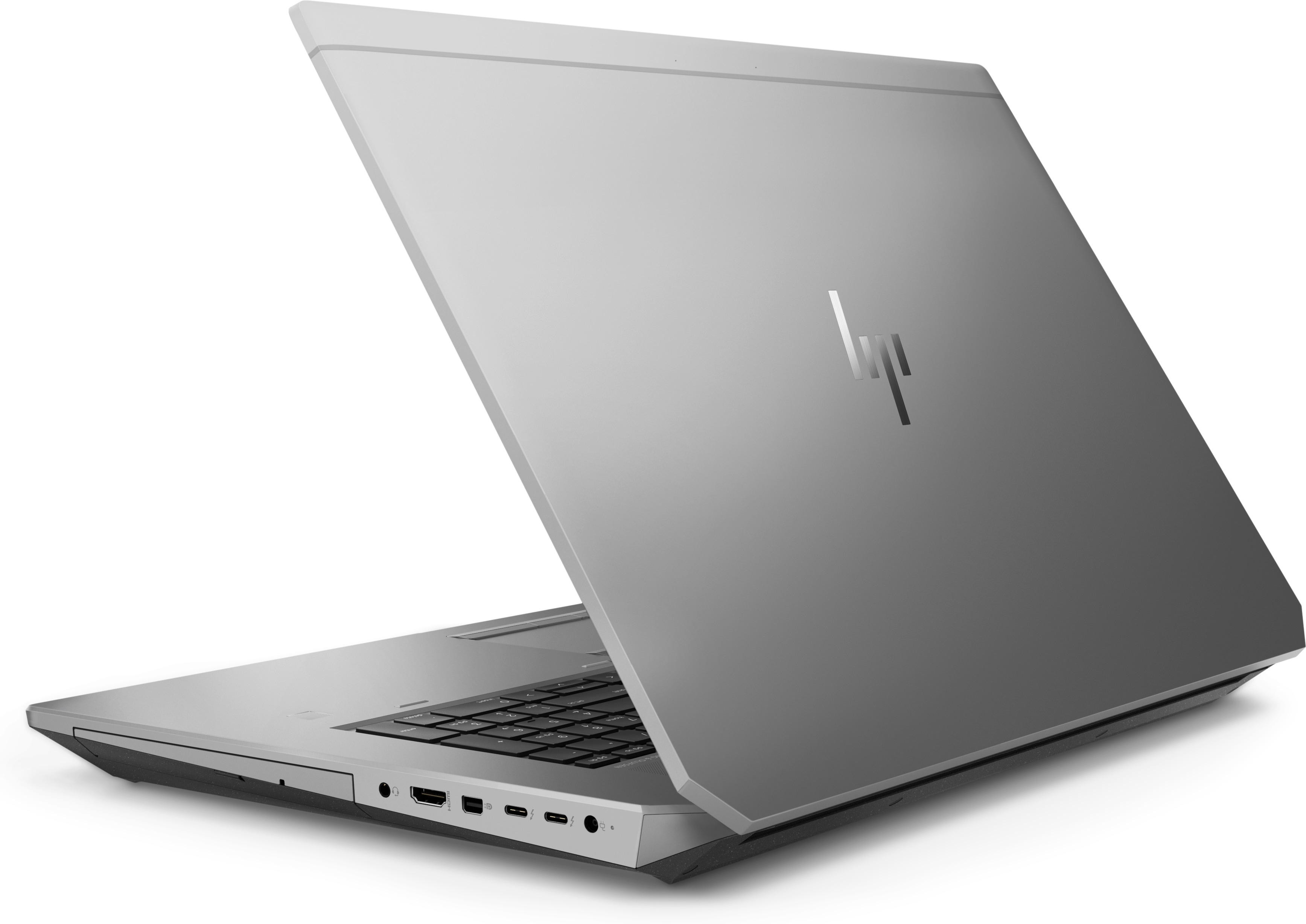 Silberner Laptop im Winkel geöffnet, Tastatur zeigend und HP-Logo auf dem Deckel.