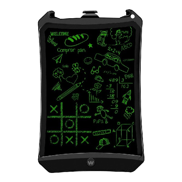 Tableta de escritura negra con dibujos y texto verdes.