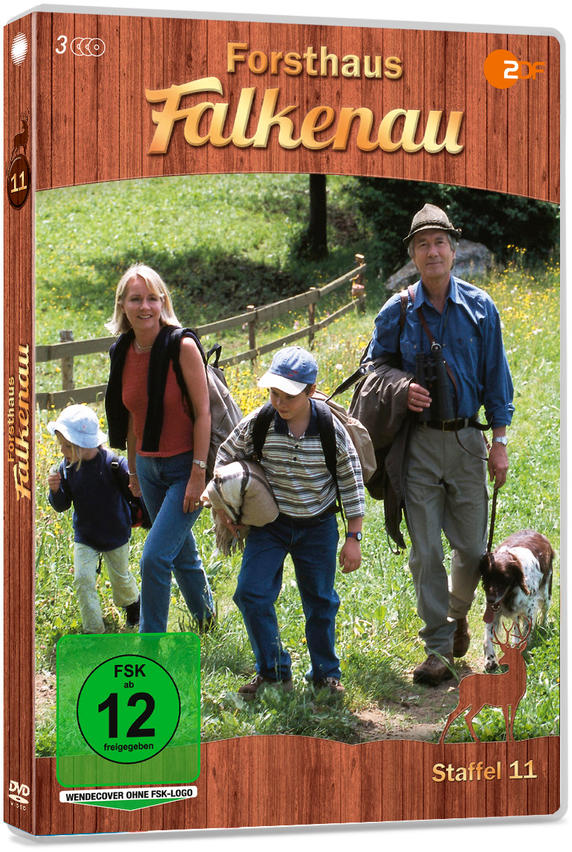 DVD-Hülle von Forsthaus Falkenau. Familie geht auf einem Pfad, grünes Gras, Holz Hintergrund.