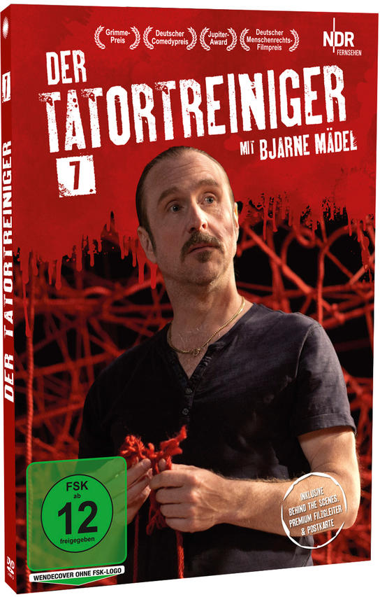 DVD-Cover der Serie Der Tatortreiniger. Zeigt einen Mann mit einem roten Seil vor rotem Hintergrund.