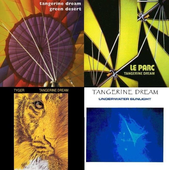 Vier Albumcover. Tangerine Dream Alben, mit verschiedenen farbenfrohen Designs.
