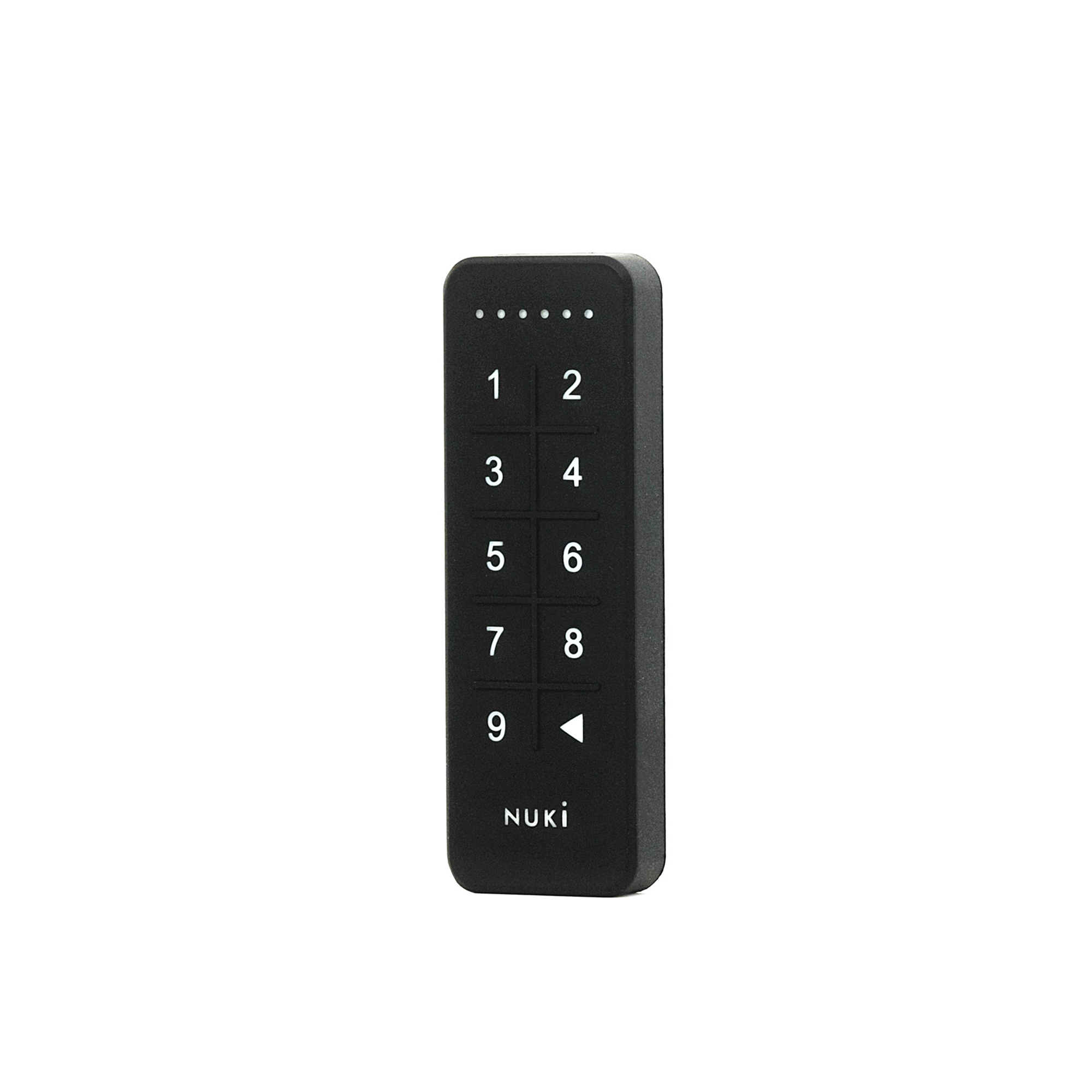 Schwarzes Nuki Keypad mit nummerierten Tasten und einem Pfeil zurück. Weißer Hintergrund.