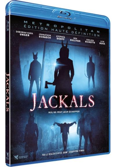 The cover of the 'Jackals' Blu-ray disc, featuring a horror scene with silhouetted figures and a dark blue background.