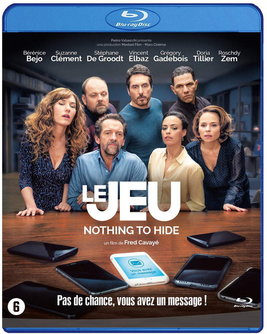 Blu-ray-filmcover. Toont gezichten van acteurs en de titel 'Le Jeu' en 'Nothing to Hide'.