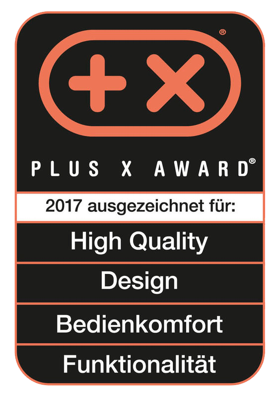 Plus X Award. Schwarzer Hintergrund, oranges Pluszeichen, Text für hohe Qualität, Design.