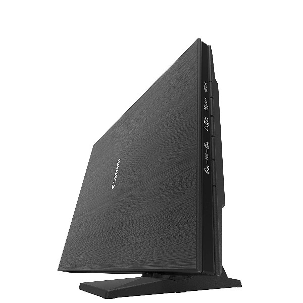 Un monitor de ordenador negro visto de lado, que muestra puertos y una parte trasera texturizada.