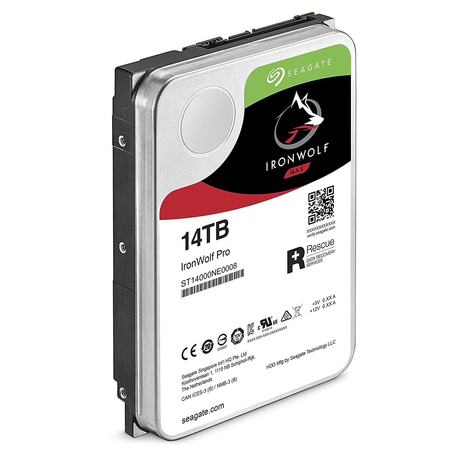 Seagate IronWolf Pro 14TB Festplatte mit Branding und Datenetiketten.
