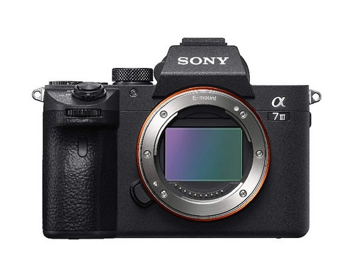Cámara Sony. Cuerpo negro, lente y controles. Etiquetas Sony y Alpha 7 III.